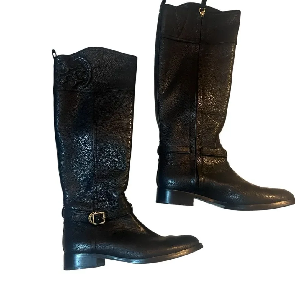 Tory Burch Boot Riding Black Pebbled Leather Logo Tall Buckle Knee Marlene 7.5